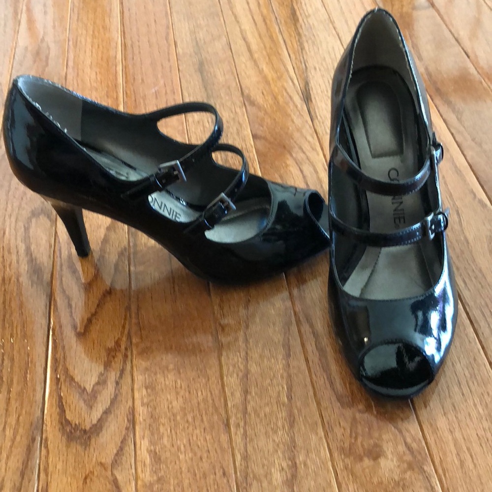 Connie Lorraine black patent peep toe pumps